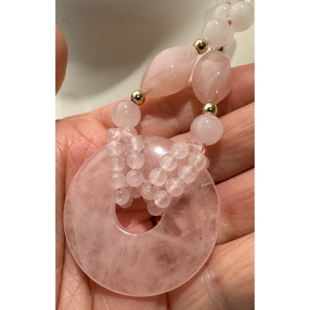 Rose Pink Quartz Necklace Beaded Pendant Medallion Natural Stone 33" Statement